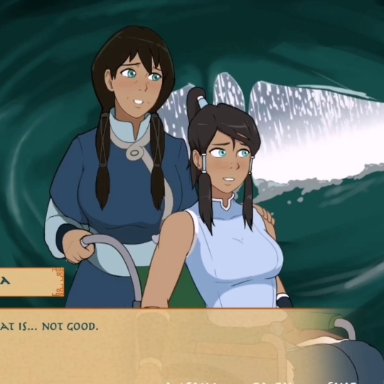 avatar legends, four elements trainer, the legend of korra, korra, original character, senna (tlok), the avatar, mity, 1boy, 2girls, big breasts, blowjob, breasts, dark skin, dark-skinned female