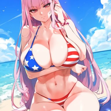 hololive, hololive english, mori calliope, american flag bikini, arm under breasts, beach, big breasts, bikini, breasts, female, female only, light-skinned female, pale-skinned female, sitting, solo