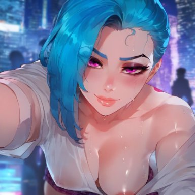 league of legends, riot games, jinx (league of legends), ignisai, 1female, 1girls, blue hair, breasts, exposed breast, female, front view, hanging breasts, leaning forward, long hair, looking at viewer