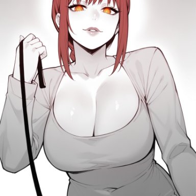 chainsaw man, makima (chainsaw man), lilianaa, cleavage, large breasts, leash, red hair, red lipstick, yellow eyes, ai generated, monochrome