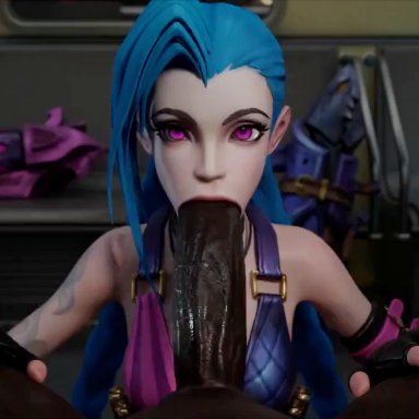 league of legends, league of legends: wild rift, riot games, jinx (league of legends), operculum, 1boy, 1boy1girl, 1girls, absurdly large cock, big penis, blue hair, clothed, dark skin, dark-skinned male, deepthroat