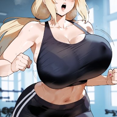 naruto, naruto (series), naruto shippuden, tsunade, creamy ai, black shorts, blonde hair, bouncing breasts, breasts bigger than head, brown eyes, cleavage, curvy, forehead mark, gym, gym shorts