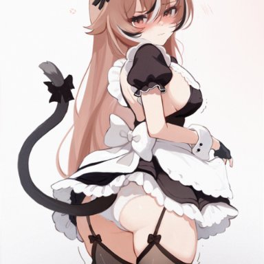 hololive, nanashi mumei, koahri, alternate costume, alternate hairstyle, alternate species, anger vein, ass focus, cat ears, cat girl, cat tail, embarrassing outfit, from behind, garter belt, garter straps