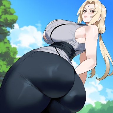 naruto, naruto (series), naruto shippuden, tsunade, creamy ai, ass, ass bigger than head, ass focus, big ass, big butt, black pants, blonde hair, brown eyes, bubble ass, bubble butt