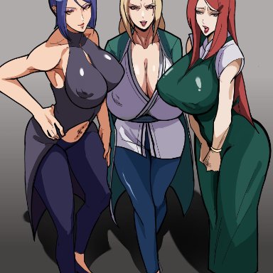 naruto, naruto (series), konan, tsunade, uzumaki kushina, airi akura, 3girls, apron, big breasts, blonde hair, blue hair, brown eyes, cleavage, clothing, eyeshadow