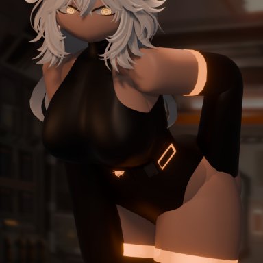 roblox, bodysuit, glowing eyes, looking at viewer, orange eyes, rr34, sci-fi, white hair