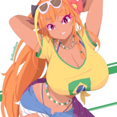 hololive, vocaloid, brazilian miku, hatsune miku, kiryu coco, artist request, erikuukun, 1girls, alternate skin color, brazil, brazilian, brazilian female, huge breasts, looking at viewer, tanned