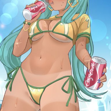 coca-cola, vocaloid, brazilian miku, hatsune miku, johnyboyelf, bikini, brazil, brazilian, brazilian female, holding object, tagme