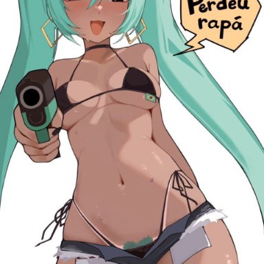 vocaloid, brazilian miku, hatsune miku, artist request, 1girls, big breasts, bikini, brazil, brazilian, brazilian female, earrings, gun, highleg, partially clothed, pubic hair