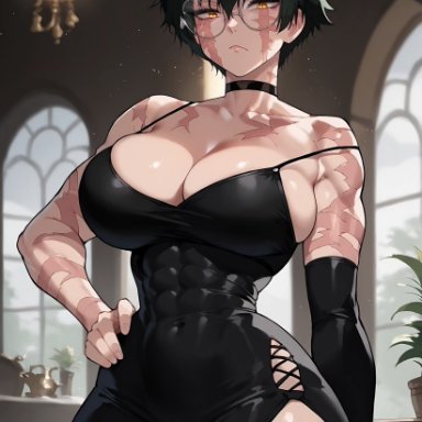 jujutsu kaisen, zenin maki, abs, ass, ass bigger than head, big ass, big breasts, big butt, black dress, choker, cleavage, dominant female, fat ass, female, female only