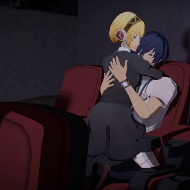 persona, persona 3, persona 3 reload, aigis (persona), makoto yuki, lazyprocrastinator, 1boy, ambiguous penetration, blonde hair, blue eyes, blue hair, hugging, looking at partner, looking back, on top