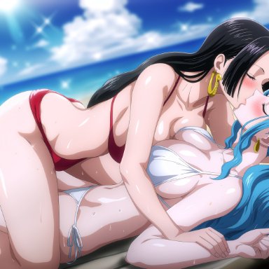 one piece, boa hancock, nefertari vivi, jemmasoria, 2girls, age difference, beach, big breasts, bikini, black hair, blue hair, blush, breast squeeze, breasts, cleavage