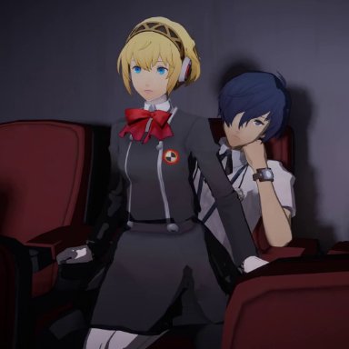 persona, persona 3, persona 3 reload, aigis (persona), makoto yuki, lazyprocrastinator, 1boy, ambiguous penetration, blonde hair, blue eyes, blue hair, bowtie, on top, red bowtie, robot