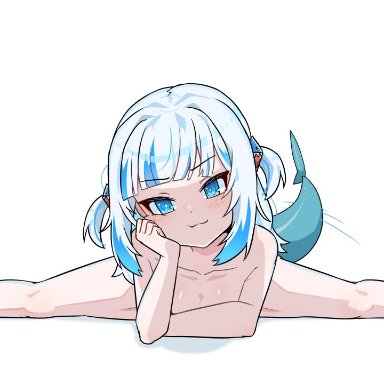 hololive, hololive english, gawr gura, moral cacoethes, acido friobarefoot, blue eyes, blue hair, blue nails, blush, breasts, cleavage, completely nude, female, fins, fish tail