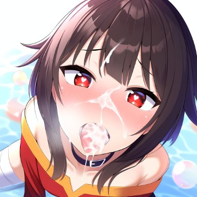 megumin, izacru0, 1girls, after blowjob, bare shoulders, blush, brown hair, close-up, clothed, clothing, cum, cum covered, cum drip, cum drool, cum in mouth