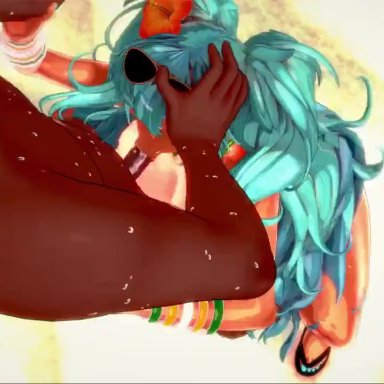 vocaloid, brazilian miku, hatsune miku, codeyumi, :&gt;=, 1boy, 1girls, beach, blowjob, brazil, brazilian, brazilian female, busty, dark-skinned male, deepthroat