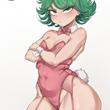 one-punch man, tatsumaki, mustblove, 1girls, angry, angry expression, angry face, ass, big ass, big thighs, blush, breasts, bunny ears, bunnysuit, female