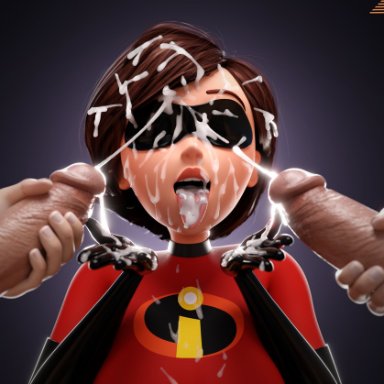 disney, pixar, the incredibles, elastigirl, helen parr, smitty34, 1girls, breasts, brown hair, bukkake, busty, cum, cum in mouth, cum on face, cum on tongue