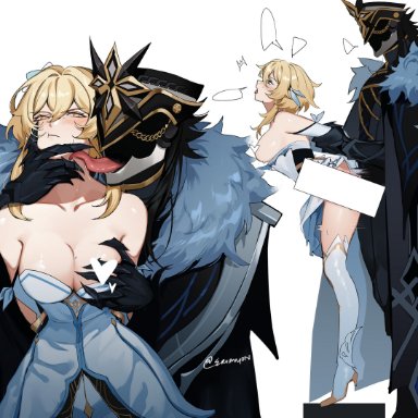 genshin impact, capitano (genshin impact), lumine (genshin impact), eriimyon, 1boy, arm grab, bare shoulders, blonde hair, blush, breasts, female, flower, grabbing another's breast, grabbing from behind, groping