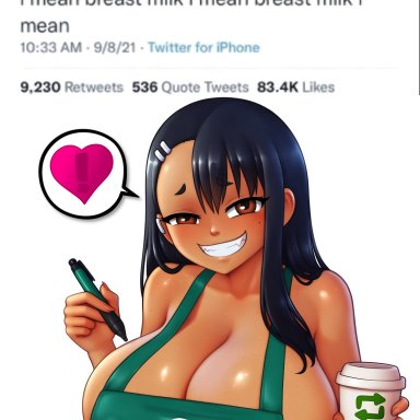 please don't bully me, nagatoro, starbucks, subscribestar, hayase nagatoro, nagatoro hayase, starbucks siren, auralesu, 1girls, almost naked, almost nude, apron, barista, big breasts, black hair, breast milking