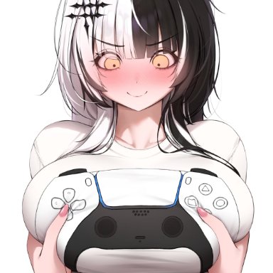 hololive, hololive english, hololive english -advent-, shiori novella, big breasts, blush, breast grab, female only, ps5 controller, tagme, virtual youtuber