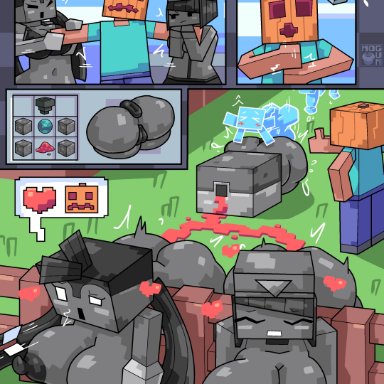 minecraft, allay (minecraft), dispenser (minecraft), observer (minecraft), steve (minecraft), tmogumi, 2girls, fighting over boy, smalldom, stuck in wall, wormhole, comic