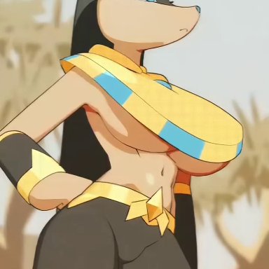 palworld, pocketpair, anubis, anubis (pal), pal (species), feliscede, 1girls, 2024s, 2d animated, animal ears, anthro, areola, areolae, belly button, big breasts