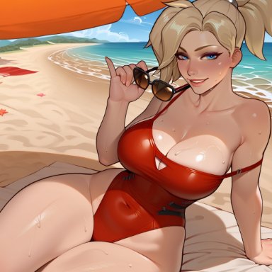 blizzard entertainment, overwatch, angela ziegler, mercy, 11 22, aviator sunglasses, beach, blonde hair, blue eyes, blush, breasts, cleavage, eyewear, eyewear removed, female