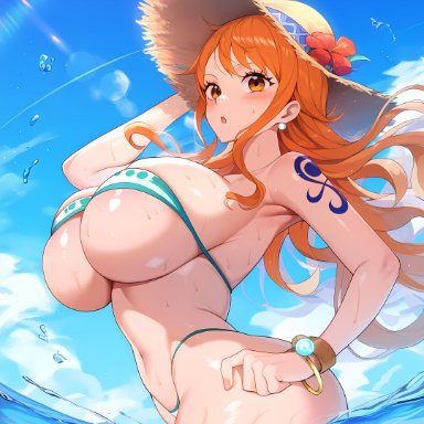 one piece, nami, nami (one piece), izacru0, :o, 1girls, almost naked, arched back, arm tattoo, arm up, armpits, barely clothed, beach, big ass, big breasts