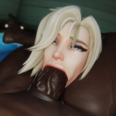 blizzard entertainment, overwatch, overwatch 2, angela ziegler, mercy, vekkte, blonde hair, blowjob, blowjob face, cock worship, dark skin, dark-skinned male, eyes rolling back, fellatio, female