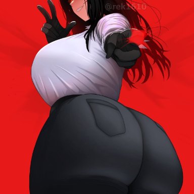 chainsaw man, yoru (chainsaw man), rek1610, 1girls, ass, ass focus, big ass, big breasts, black hair, black pants, bottomwear, breasts, bubble ass, bubble butt, bursting breasts