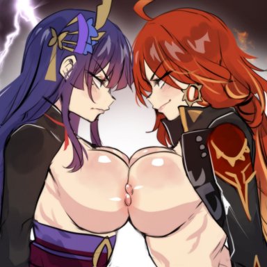 genshin impact, mavuika (genshin impact), raiden shogun, hinghoi, &gt;:(, &gt;:), 2girls, blush, breast contest, breast press, breasts, confrontation, electricity, fire, from side