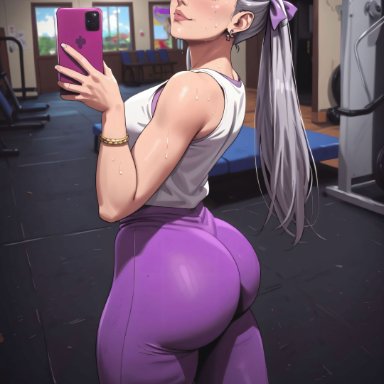 black clover, noelle silva, 1girls, ass, big ass, bubble butt, gym, gym uniform, huge ass, large ass, leggings, presenting, presenting hindquarters, purple eyes, selfie