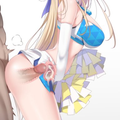 blue archive, toki (blue archive), kippuru, 1boy, alternate costume, blonde hair, blue eyes, blue halo, cervix, cheerleader, clothed female nude male, clothes lift, crop top, cross section, cum