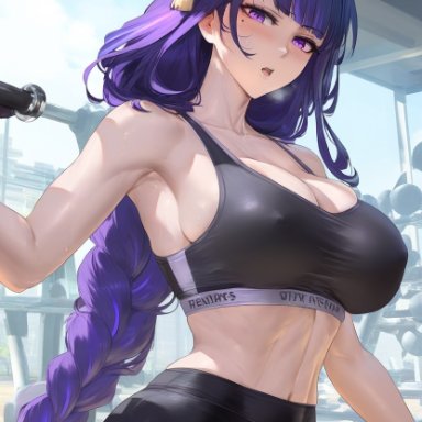 genshin impact, raiden shogun, hydrolis999, 1girls, bangs, bare shoulders, black bra, black pants, black sports bra, blush, bra, braid, braided ponytail, breasts, cleavage