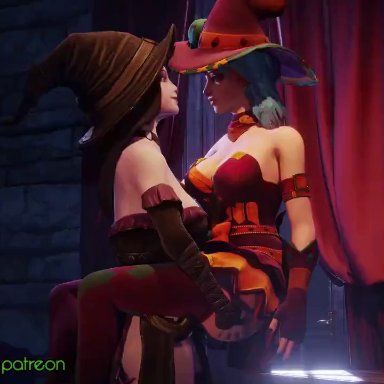 halloween, hi-rez studios, smite, aphra cadabra aphrodite, aphrodite (smite), discordia (smite), pumpkin spice discordia, xeno lovers, 2girls, alternate costume, big breasts, black hair, blue hair, bouncing breasts, cunnilingus