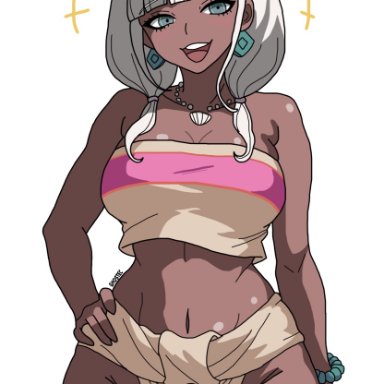 danganronpa, danganronpa v3, the road to el dorado, chel, chel (cosplay), chel (the road to el dorado), yonaga angie, ghostec, aqua eyes, blush, bracelet, breasts, collarbone, dark skin, dark-skinned female