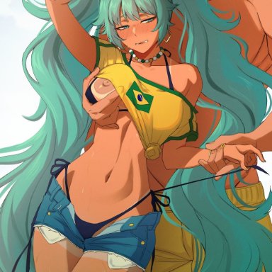 vocaloid, brazilian miku, hatsune miku, akobeul, 1boy, 1girls, alternate costume, aqua hair, arm up, bead necklace, beads, bikini, bikini top pull, bikini under clothes, black bikini