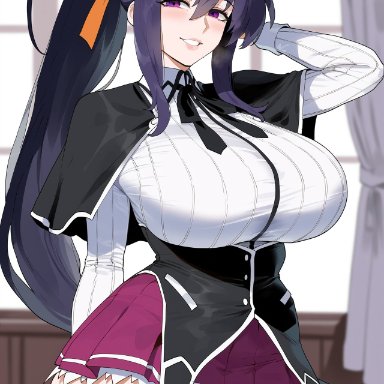 high school dxd, akeno himejima, creamy ai, curvy, huge breasts, long hair, narrow waist, purple eyes, purple hair, school uniform, thick thighs, wide hips, ai generated