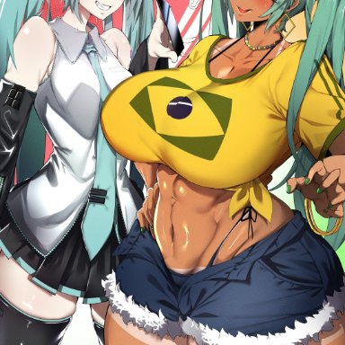 vocaloid, brazilian miku, hatsune miku, kantan, 2girls, ass, big ass, big breasts, big thighs, blush, brazil, brazilian, brazilian female, breasts, butt