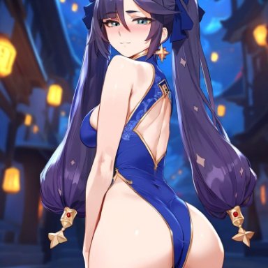 genshin impact, mona (genshin impact), dclp, 1girls, china dress, cowboy shot, huge ass, medium breasts, night, outdoors, standing, ai generated