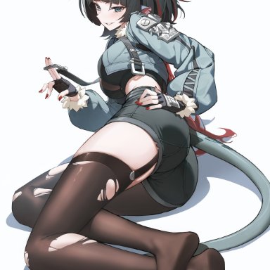 zenless zone zero, jane doe (zenless zone zero), goeleu, black hair, clothing, ear piercing, feet, feet in stockings, female, grey eyes, light-skinned female, looking at viewer, mouse ears, mouse girl, mouse tail