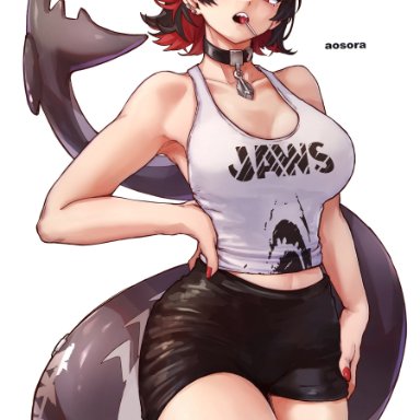 zenless zone zero, ellen joe, aosora, big breasts, black hair, breasts, light skin, light-skinned female, multicolored hair, red hair, shark girl, shark tail, short hair, video game character, 2d