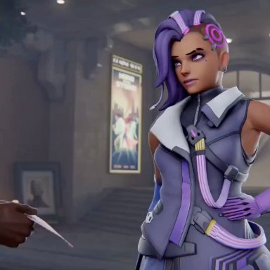 overwatch, sombra, aphy3d, 1boy1girl, big ass, big penis, brown skin, dark skin, dark-skinned female, dark-skinned male, interracial, long ears, male penetrating, mexican female, moan