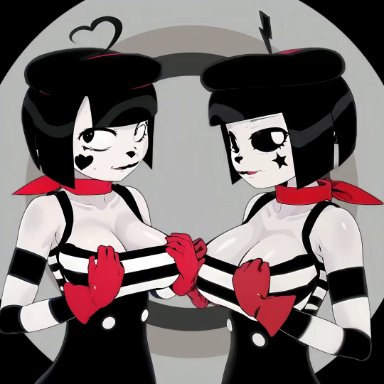 mime and dash, bonbon (derpixon), chuchu (derpixon), pitophee, 2girls, areola, areolae, beret, black eyes, black hair, bob cut, boob drop, breast jiggle, breasts, breasts out