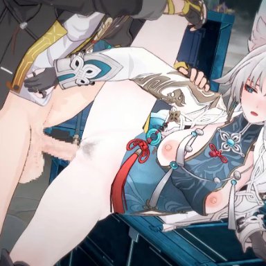 honkai (series), honkai: star rail, hoyoverse, caelus (honkai: star rail), feixiao (honkai: star rail), hnamomo, 1boy, 1girl, blush, breasts, breasts out, clothing, cum in pussy, cum inside, fox ears