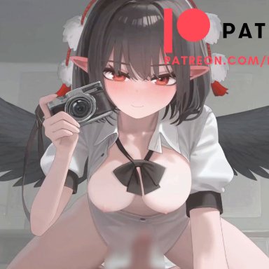 mountain of faith, touhou, shameimaru aya, henkawa, 1boy, audible speech, bird wings, black hair, black wings, blackmail, blinking, blush, breasts, breasts out, camera