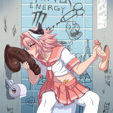 fate (series), fate/grand order, astolfo (fate), ember cool, 1femboy, 3boys, balls, big penis, blush, clothing, erection, fat cock, femboy, gigantic penis, girly