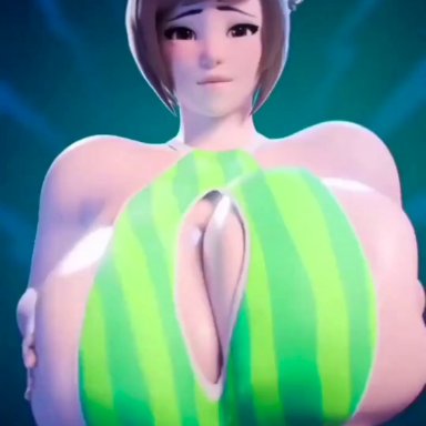 overwatch, mei (overwatch), scrag boy, 1girls, asian, asian female, brown eyes, brown hair, cleavage, cleavage cutout, facing viewer, gigantic breasts, looking at viewer, melon, one piece swimsuit