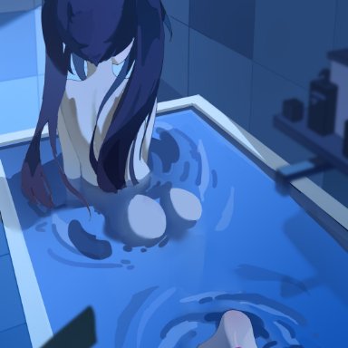 honkai (series), honkai: star rail, sparkle (honkai: star rail), ass, barefoot, bathroom, bathtub, black hair, blurry, completely nude, feet, feet up, female, fox mask, from behind